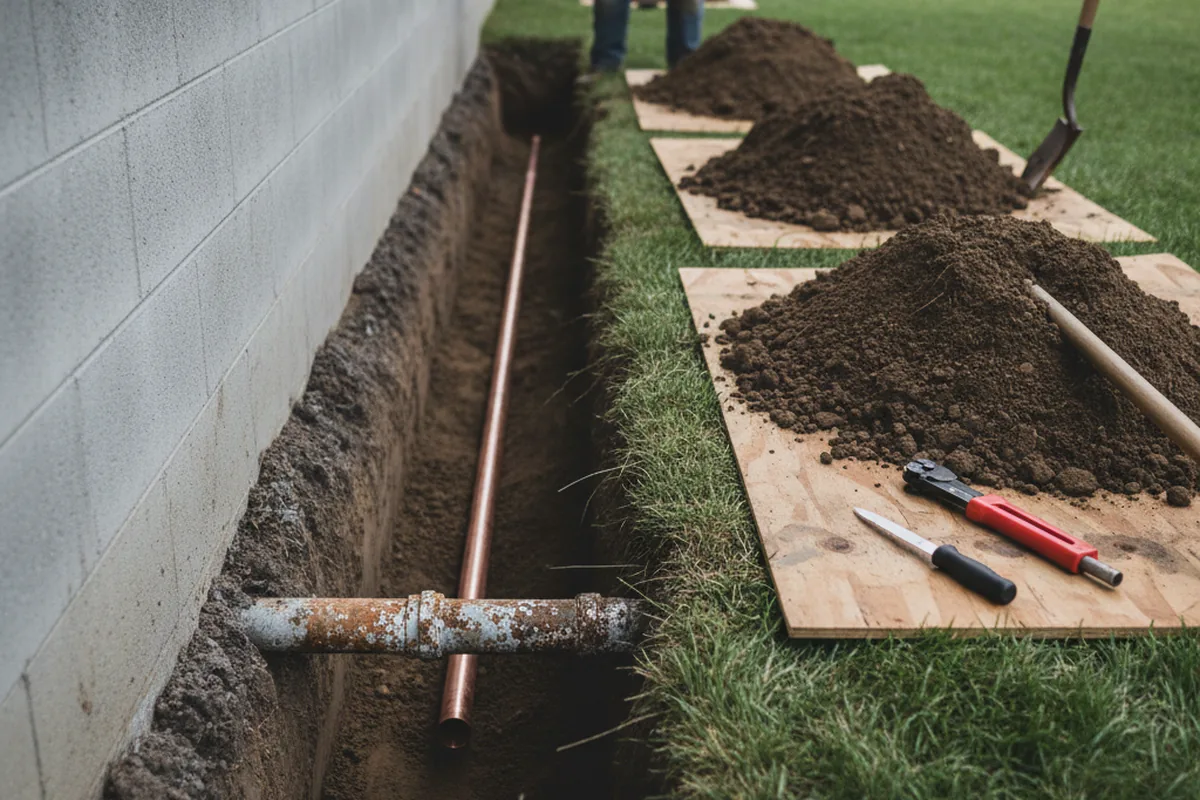 Excavated water line trench during Water Softener Installation in Minter